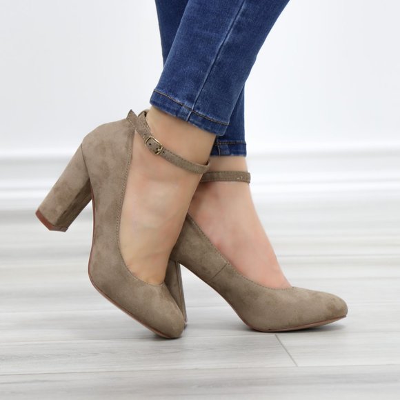 Taupe Ankle Strap Vintage Style Block Heels - Picture 12 of 14